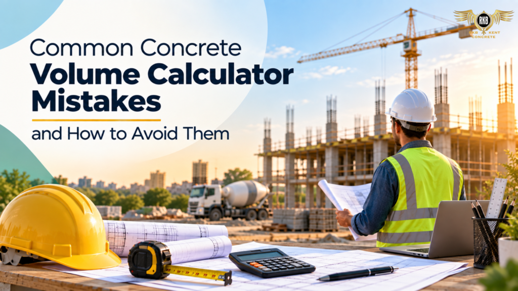 Common concrete volume calculator mistakes and how to avoid them, featuring a construction site, concrete mixer truck, calculator, blueprints, and construction worker.