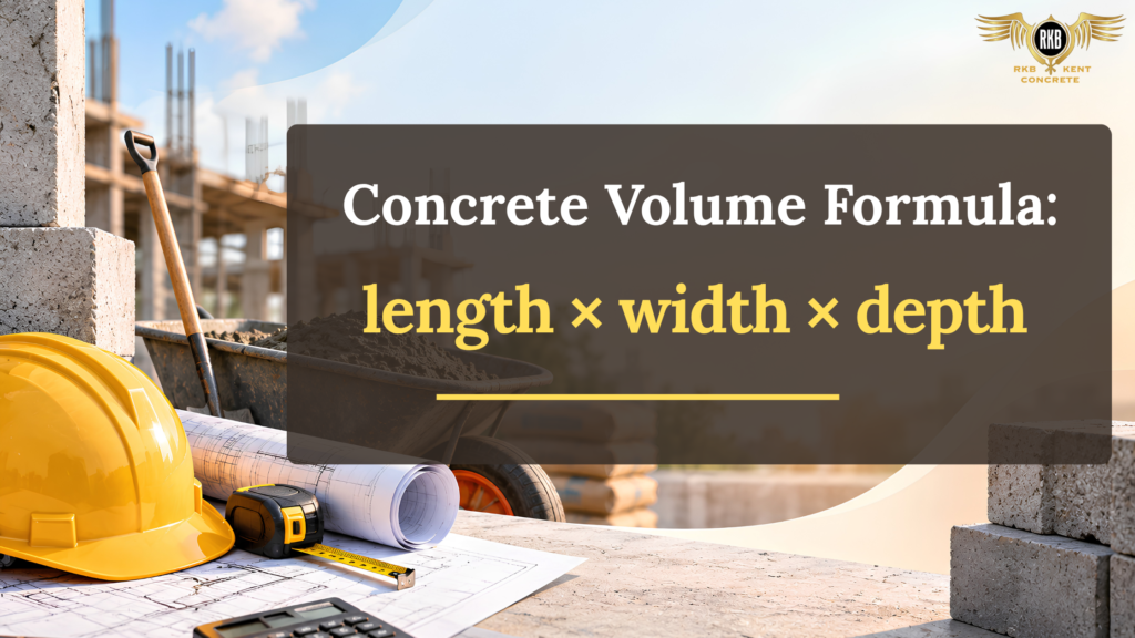 Concrete volume formula showing length times width times depth with construction tools and materials