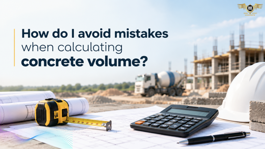 Calculator, measuring tape and blueprints for calculating concrete volume