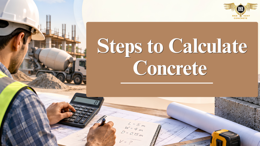 Steps to calculate concrete volume using length width and thickness measurements with RKB Kent Concrete