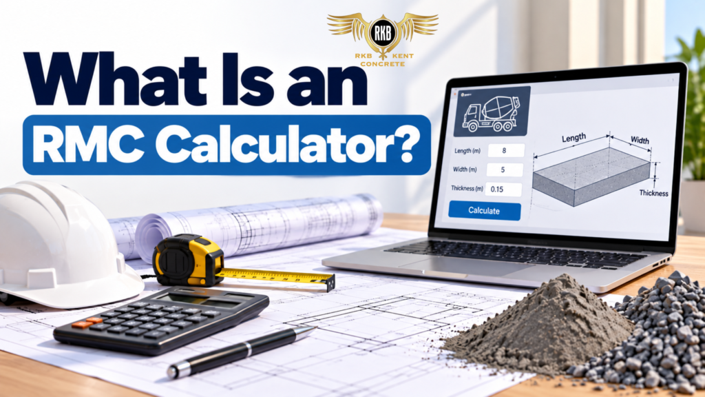 Ready-mix concrete (RMC) calculator displayed on a laptop with concrete volume measurements, construction blueprints, and measuring tools.
