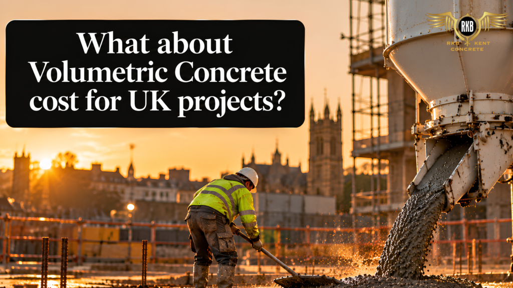 Volumetric concrete mixer truck pouring freshly mixed concrete while a construction worker levels the concrete at a building site during sunset.